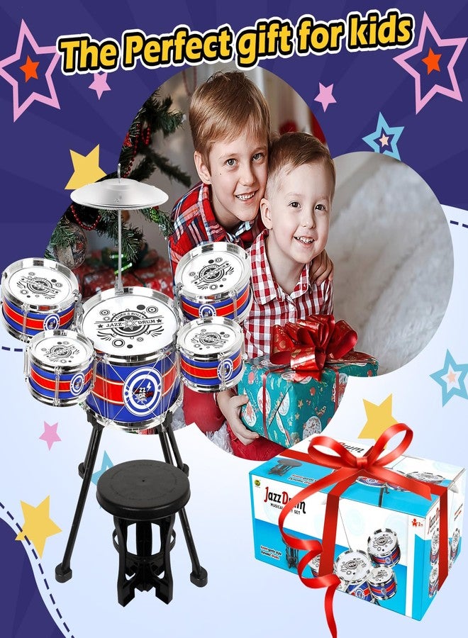 TWFRIC Toy Drum Set for Toddlers Upgrade Drums Kit Kids Jazz Drum Set with Stool, 5 Drums Percussion Musical Instruments Toys for 3 4 5 Year Old Boys Girls Gifts (Blue) - Image 4